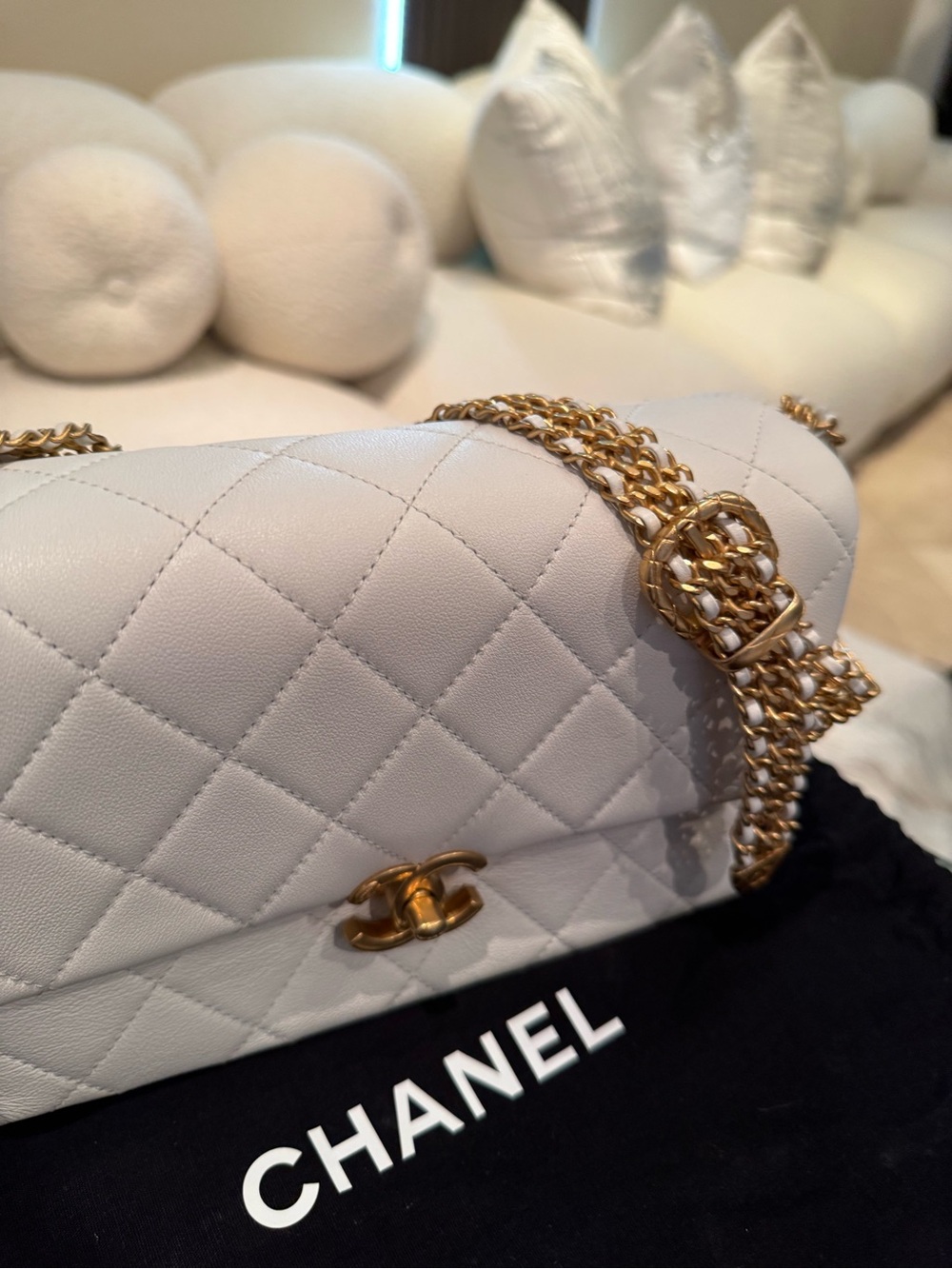 CHANEL Quilted Shoulder Flap Bag in White with Gold Hardware